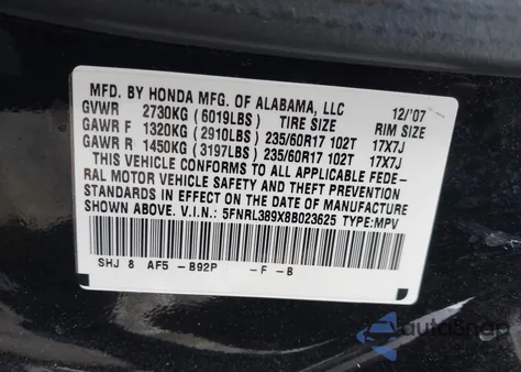 2008 Honda Odyssey Touring from USA, damaged, VIN 5FNRL389X8B023625